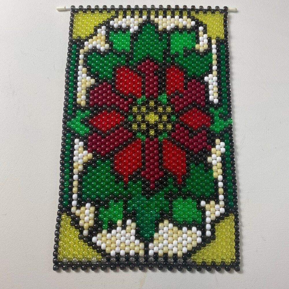 Beaded Floral Wall Hanging Tapestry Boho Folk Art Decor 10x15
